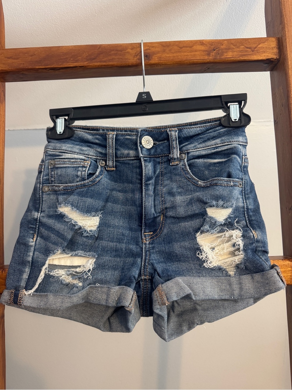 American Eagle Outfitters Distressed Rolled-Hem Denim Shorts - Blue